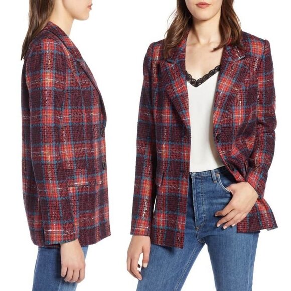 Halogen Nordstrom Avondale Tweed Plaid Wool Blend Blazer Jacket Coat S $149 Red - Picture 3 of 16